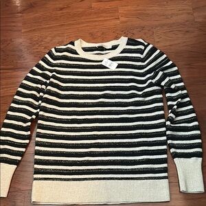 LOFT Black and White Crewneck Sweater with Stripes